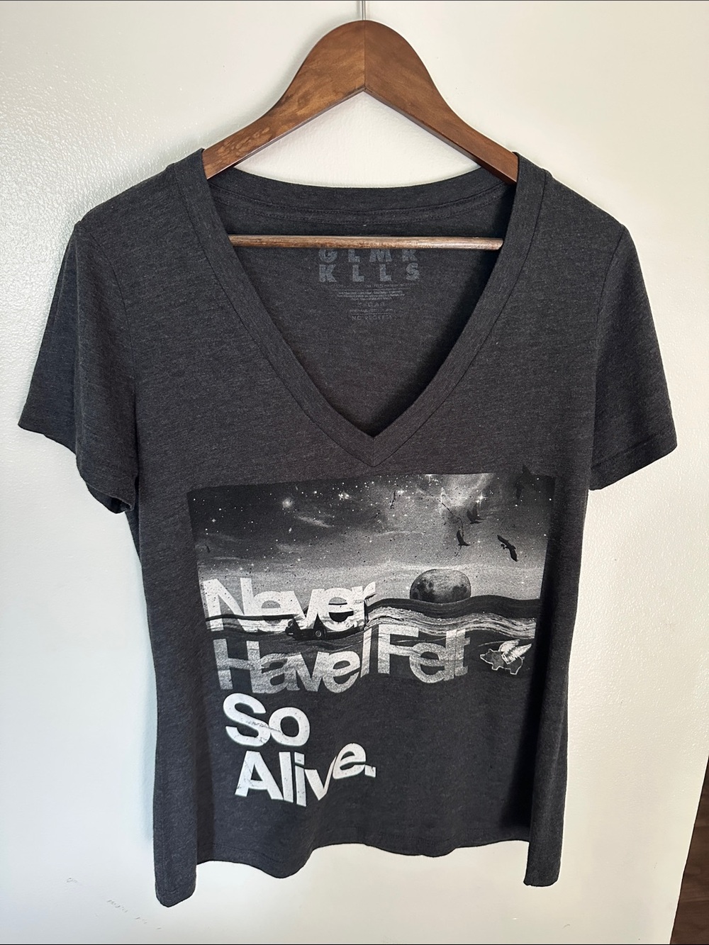 NWOT Glamour Kills Charcoal Gray V-Neck Graphic Tee